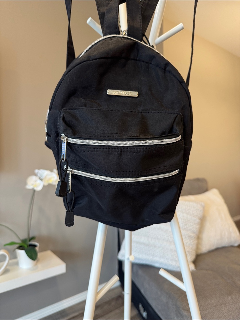 Convertible Black Mini Nylon Backpack with Silver Zippers